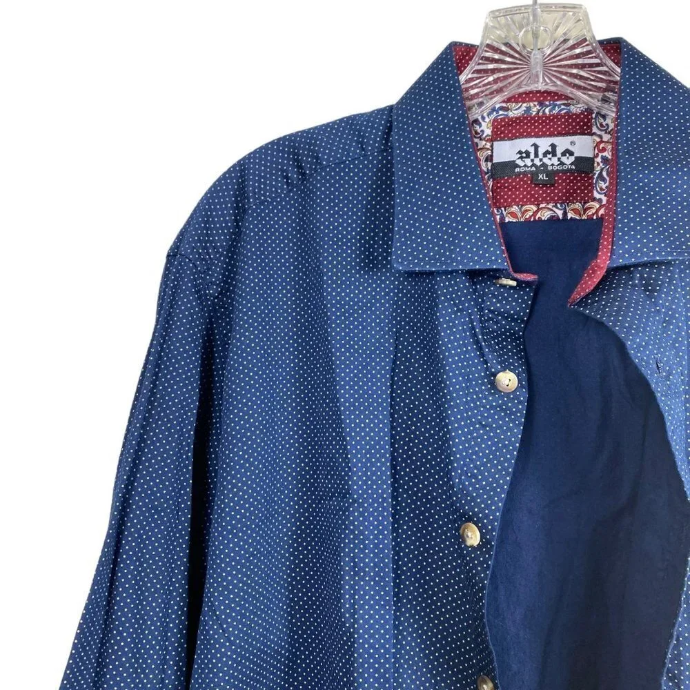 Aldo Men's Blue White Polka Dots Print Cotton Button Down Long Sleeve‎ Shirt XL